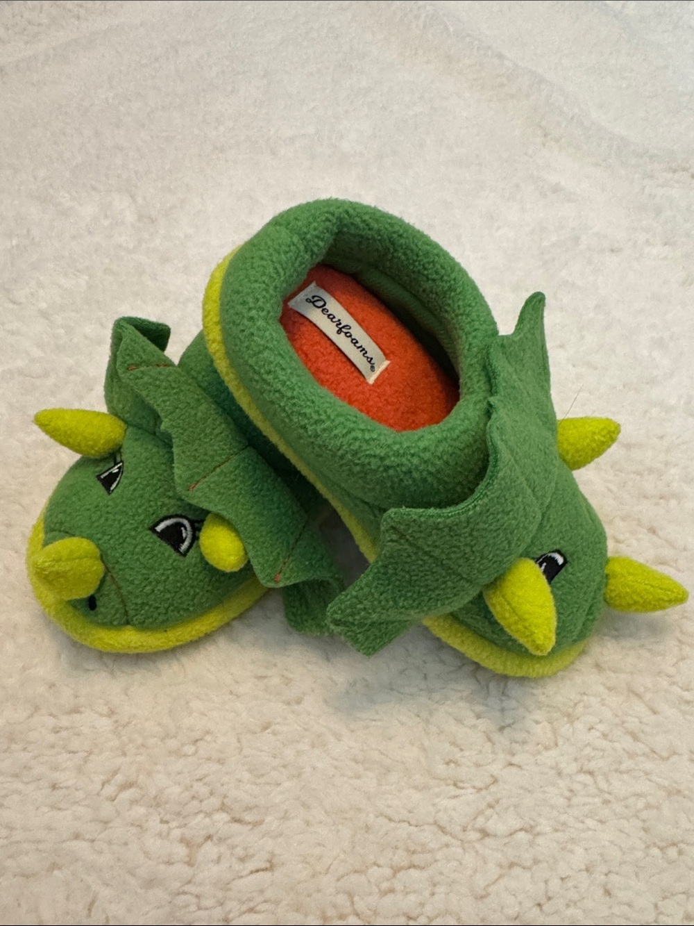dearfoams Toddler Size 7/8 Green and Lime Triceratops Kids Slippers Like New